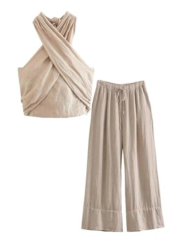 Rfmfkkg Wide Leg Pants Sets High Street Cotton Linen Trousers Suit For Women Halters Crop Top Ladies2
