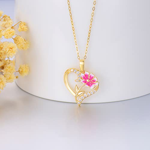 14K Real Gold Birth Flower Necklace for Women,Yellow Gold Created Moissanite Heart Pendant Orchid/Lotus Necklaces,Dainty Birth Month Floral Jewelry Gifts for Birthday Valentines Anniversary,16''-18''3