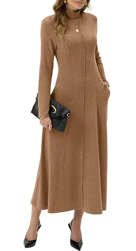 GRECERELLE Damen Maxikleid Rollkragen Langarm Herbst Winter Elegantes lässiges Daily Business Date Lounge Stretch langes Kleid mit Taschen (Khaki, L)