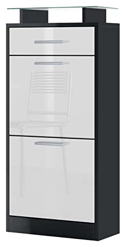 Vladon Zapatero Loret V2, Armario para Zapatos para 8 Pares de Zapatos con 2 Puertas abatibles, 1 Cajón y Estante de Cristal, Negro Mate/Blanco de Alto Brillo (46 x 104 x 23 cm) Cover