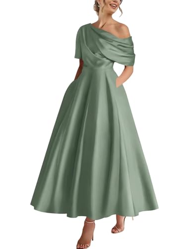Satin Mother of The Bride Dress One Shoulder for Wedding A-line with Pockets Formal Dresses for Women