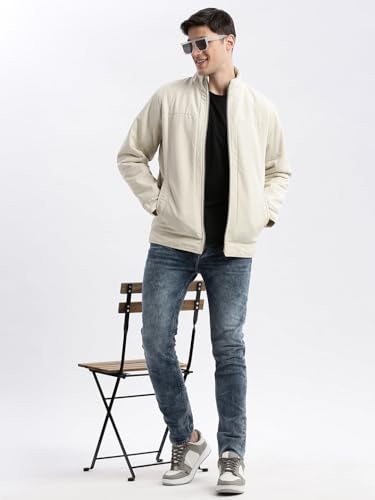 Image of SHOWOFFFF Men Solid Bomber Jacket | Mock Collar Full Sleeves Nylon Jacket for Mens | Slim Fit Regular Length Jacket for Men's