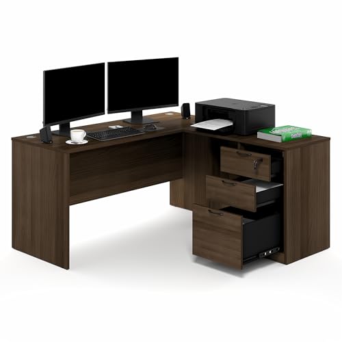 Image of Furinno Roger 60 Inch L-Shaped Executive Desk with File Cabinet, L-Shaped Office Desk with 3-Drawer Fixed Pedestal Filing Cabinet, Desk Cord Grommet, for Home Office, Modern Walnut