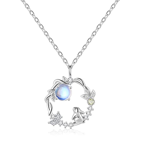 Tomovely Women's Necklace 925 Sterling Silver Moonstone Cute Rabbit Round Medal Pendant Necklace, Sterling Silver Girls Necklace Bunny Necklace Mothers Day Gift Holiday Gifts