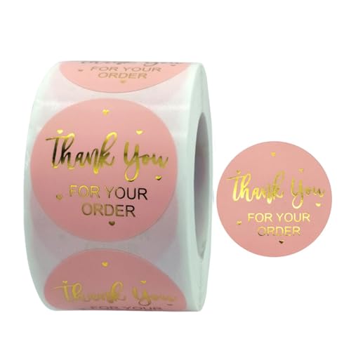 Thank You for Your Order Stickers, 1.5 inch Round Labels, Pink with Gold Foil, 500 Count