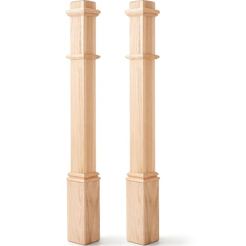 Wonderjune 2 Pcs 48 Inch Red Oak Stair Newel Post with 3 1/2 Post and 4 1/2 Pedestal Wood Box Newel with Pedestal for Staircase Plain Style Wood Balusters Interior for Stair Remodeling