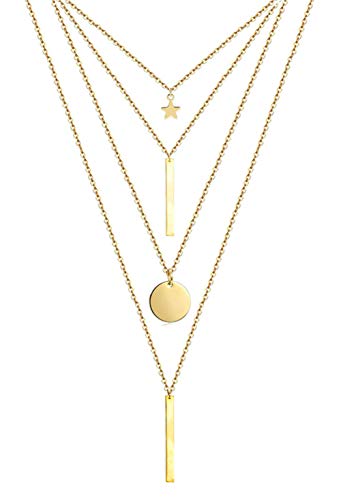 WangGao Layered Bar Necklace Pendant Stainless Steel Gold Plated Dainty Multilayer Star Choker Disc Bar Layering Long Necklace for Women