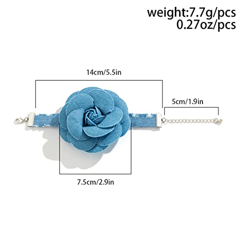 Vintage Blue Denim Flower Choker Necklace Floral Bracelet Artificial Flower Collar Necklace Wrist Band Elegant Women's Accessories (5.5 inch)4