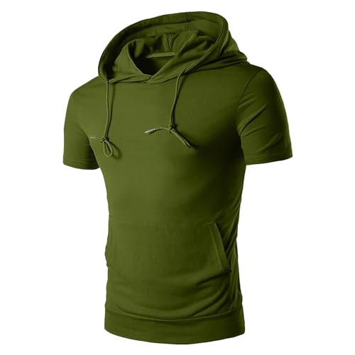 Mens Short Sleeve Hoodie Pullover Slim Fit Lightweight Summer Hooded Sweatshirt Drawstring Muscle Shirts with Pocket