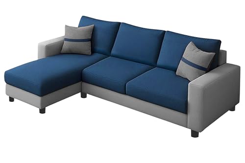 ARTFUL LIVING Modern L-Shape Sofa Set - Left-Hand Sectional Velvet Fabric with Cushions, 3-Seater with Chaise Blue & Grey Dual - Tone Couch for Living Room, Office, or Guest Space