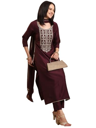 Image of GoSriKi Women's Rayon Viscose Embroidered Straight Kurta with Pant & Dupatta