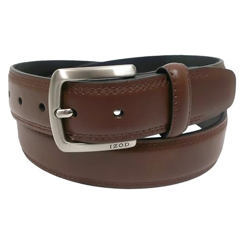 IZOD Boys Leather Belt - Feather Edge Double Stitching 1 3/16 for Casual and Dress Wear Brown Large 30-32