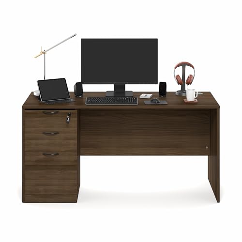 Image of Furinno Roger 60 Inch Executive Desk with File Cabinet, Home Office Desk with 3-Drawer Fixed Pedestal Filing Cabinet, Desk Cord Grommet, for Home Office, Modern Walnut