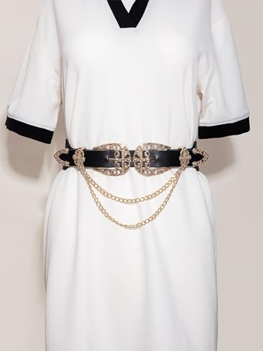 Verdusa Women's Double Buckle Chain Cowgirl Belts Leather Elastic Waist Belt3