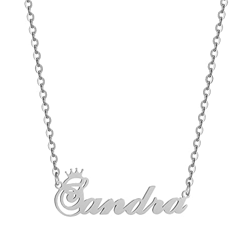 Custom Silver Name Necklace Personalized for Women, Customized Chains Name Pendants Necklaces Personalized Name Necklace with Crown for Women Girl Gift,Sandra Necklace