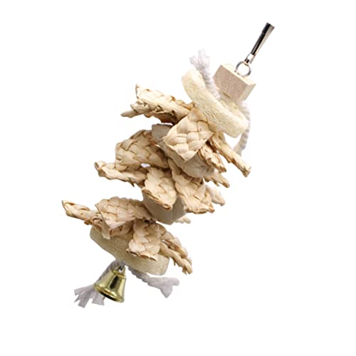 Toddmomy Parrot Swing Molar Natural Loofah Straw Pendant with Ring Bell Hanging Bird for Climbing Biting and Exploring for Parrots Cages Gardens Beige