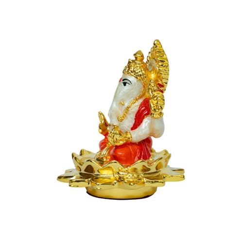 Image of Pearl White Kamal Ganesha |Gold-Plated Ganpati Idol with Lotus Base for Home, Office, Pooja Room,Travel,Car Dashboard, Decor & Gifting | Bappa Statue for Blessings | Height 2.3 Inch