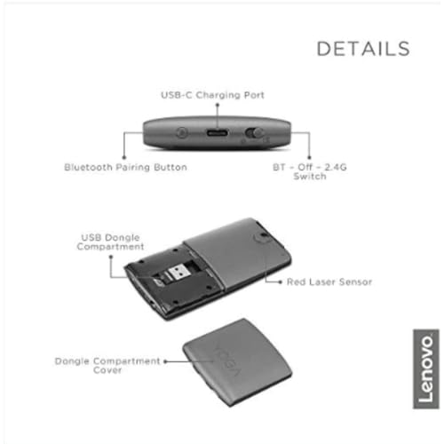 Image of Lenovo Yoga Computer Mouse for PC, Laptop, Computer with Windows or Chrome - 2.4GHz Wireless Nano Receiver & Bluetooth 5.0 - Ergonomic V-Shape - Twists Flat - Built-in Laser Presenter - Iron Grey