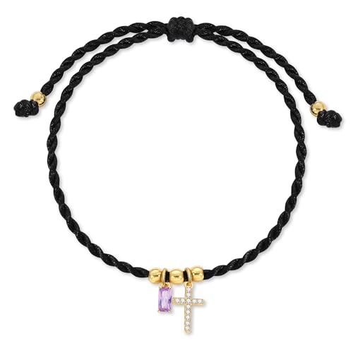 Birthstone Bracelets for Women, Cross Bracelet for Gls Christmas Gifts for Mom Handmaded String Rope Bracelets First Communion Gifts for Gls 02.Feb.(Amethyst)