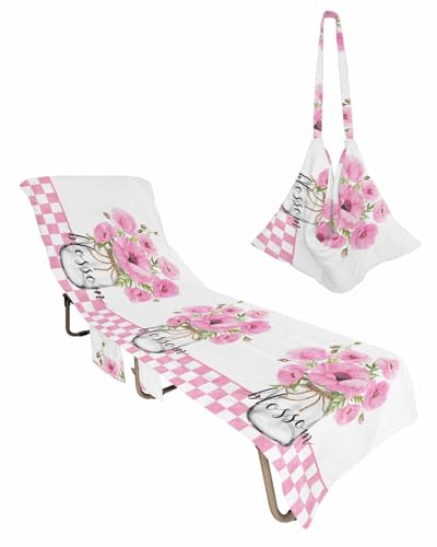 Pink Flower Plaid Beach Chair Towel Covers for Chaise Lounge with Side Pocket, Soft Plush Pool Towels Cover for Patio Sunbathing Outdoor Buffalo White Checkered Bottle Botanical Floral 29''x85''