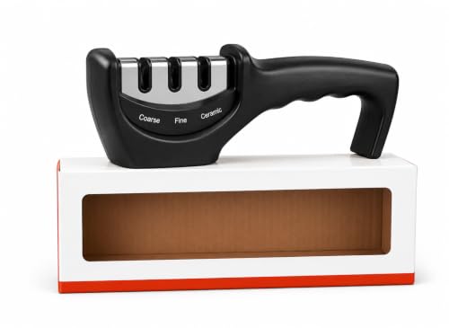Image of 3-Stage Knife Sharpener | Easy Manual Knife Sharpener with Prep, Sharpen & Finish Sharpening Slots | Quick & Safe Blade Restoration for Kitchen Knives Ergonomic Non-Slip Handle Professional Use