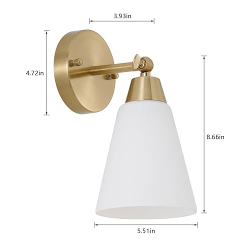 Image of MWZ Gold Wall Sconce Decor 2 Pack,Modern Brushed Brass Sconces Lighting with White Glass Shade,Bathroom Light Fixtures Over Mirror,Vanity Lights Over Sink,Indoor Wall Mount Adjustable Angle Lamp