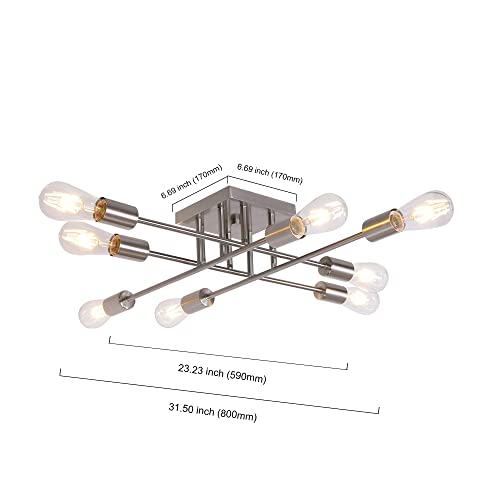 Vinluz 8 Light Industrial Semi Flush Mount Ceiling Light Brushed Nickel Mid Century Modern Sputnik Chandelier Fixture For Living Room Bedroom Kitchen #TOP6