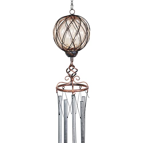 Exhart Wind Chimes, Solar Led Outdoor Garden Lighting, Amber Glass And Metal Wind Chime Lawn And Yard Decoration With Bronze Metal Finial, 6 X 45.5 Inch #TOP1