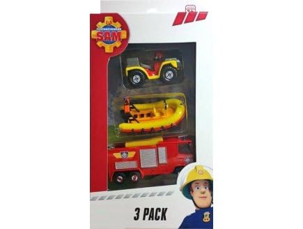 cavernedesjouets Coffret Sam Le Pompier 3 véhicules en métal : Quad - Bateau Neptune - Camion Jupiter - Set Voiture Miniature + 1 Carte Tigre