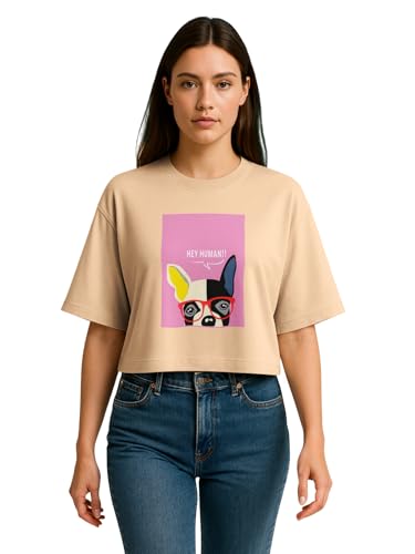 Image of HELLCAT Beige Printed Loose Fit Crew-Neck Crop T-Shirt for Women