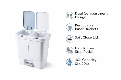 Image of Step N' Sort 2 x 5.5 Gallon, Dual Trash and Recycling Bin with Slow Close Lid, White, 40 Liter (SNS402-W)