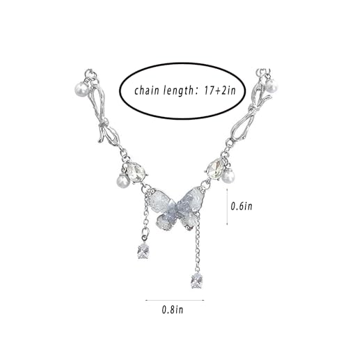 Silver Rhinestone Butterfly Necklace for Women Y2K Irregular Pearl Bow Y Necklace Sparkly Crystal Butterfly Pendant Necklace Adjustable Cubic Zirconia Butterfly Chain Necklace Fashion Gemstones Accessories Jewerly2