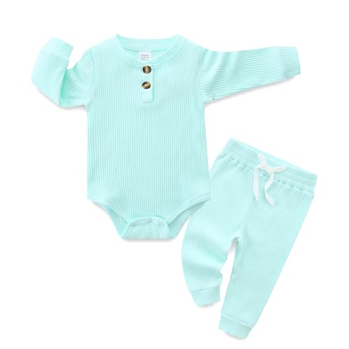 Image of Hikido Newborn Baby Boy Girl Clothes Infant Ribbed Romper Cotton Long Sleeve Pant Sets for 0~18M Infant