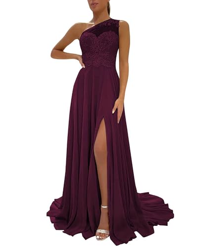 Image of LANGKAAO One Shoulder Lace Bridesmaid Dresses Long for Wedding A-Line Chiffon Slit Formal Party Gown with Pockets