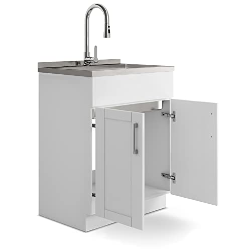 Image of SIMPLIHOME Modern Wide Shaker 28 inch Wide Stainless Steel Sink Laundry Cabinet | Transitional laundry cabinet with a high-arch chrome faucet for laundry rooms; Modern Wide Shaker utility sink or wash tub.