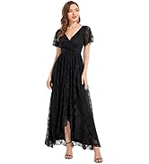 Ever-Pretty Robe Demoiselle d'honneur Femme Longue Asymétrique Dentelle Manches Courtes Col V Flu...