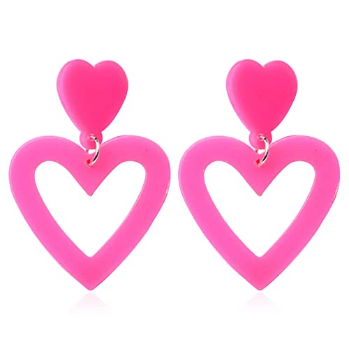 2025 Summer Hot Pink Love Heart Earrings for Women Y2K Double Heart Red Dangle Earrings Lightweight Acrylic Earrings Jewelry for Valentines Wife Mom Girlfriend Her