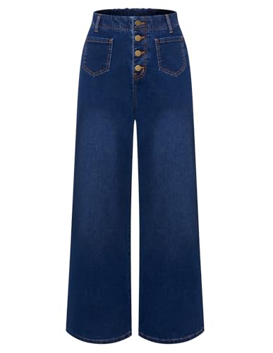 Belle Poque Jeans de pierna ancha para mujer, cintura alta, elásticos, vintage, pantalones de mezclilla con bolsillos, Azul oscuro desvanecido, S