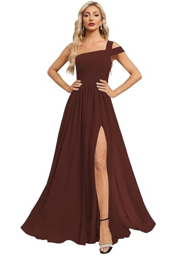 One Shoulder Chiffon Bridesmaid Dresses Long with Slit A-line Ruched Formal Gowns for Women with Pocket WO076