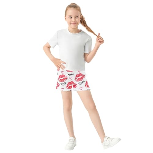 Girls Athletic Lounge Shorts Red White Lipstick Kisses Print Comfy Casual Summer Pajama Activewear, X-Small2