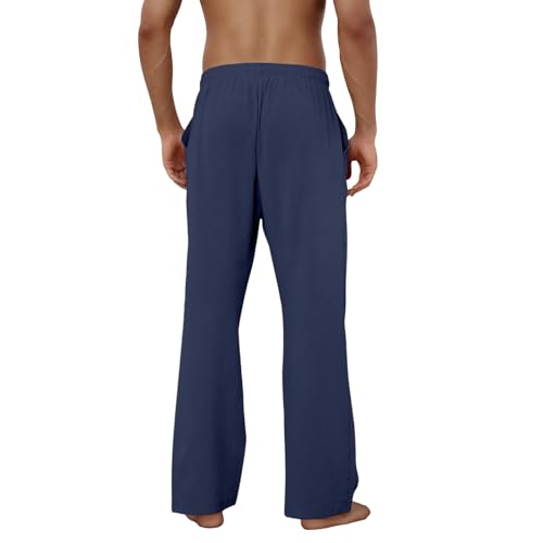Image of Puimentiua Cotton Linen Pants Men, Summer Beach Pants Loose Fit with Elastic Waist Drawstring
