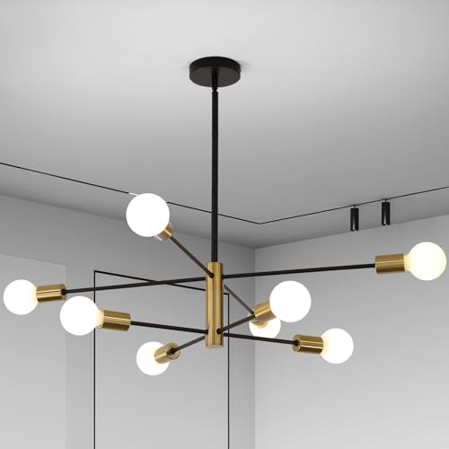Qcyuui Sputnik Hanging Chandelier Modern Ceiling Chandeliers Light Fixture 8-Light Industrial Adjustable Black+Gold Pendant Lighting for Living Room Dining Bedroom Kitchen (E27 Bulbs NOT Included)
