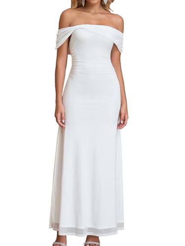 Image of KUTUMAI Women Floral Off Shoulder Maxi Dress Summer Ruched Bodycon Long Formal Wedding Guest Dresses 2026