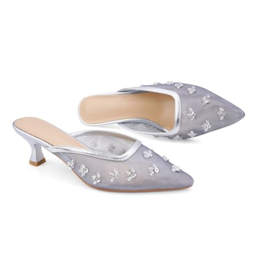 Image of Women Kitten Heel Mules Crystal Flower Decor Mesh Pointed Toe Low Heel Casual Pumps