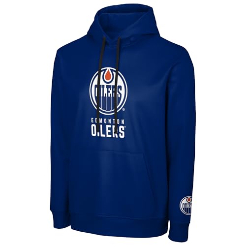 FOCO NHL Mens Official Primary Logo Wordmark Performance Pullover Hoodie Sweatshirt (US Alpha Large Regular Regular Edmonton Oilers - Blue Edmonton Oilers)