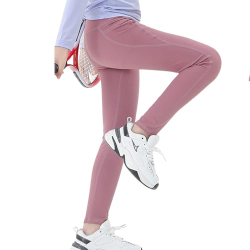 KISLOVE Girls' Sports Leggings with 2 Pockets High Waist Activewear Leggings Dance Yoga Running Tennis Gym Pants Kids Trousers, Dark Pink 9-10 Years