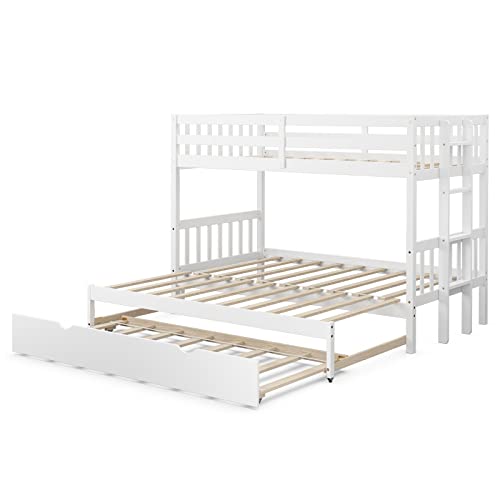 Komfott Wood Twin Over Full Bunk Bed With Trundle, Extendable Twin/Full Bunk Bed Frame With High Guardrail & Safety Ladder, Solid Wood Frame, Pull-Out Bunk Bed For Kid’s Room, Guest Room, Dormitory #TOP6