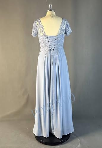 POMUYOO Women's V-Neck Lace Appliques Mother of The Bride Dress Beaded Chiffon Evening Gown with Sleeves YG1074