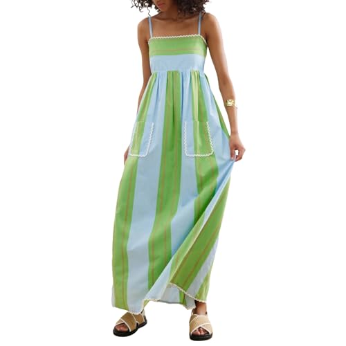 Image of Women's Y2k Striped Maxi Dress Summer Sleeveless Spaghetti Strap Front Pocket Flowy Dress Beach Sundress
