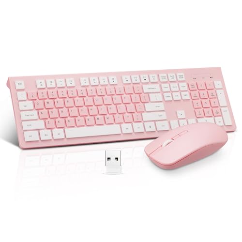 Image of Wireless Silent Keyboard and Mouse Combo, Ultra-Slim Sleek Design Full-Sized Wireless Keyboard and Adjustable DPI Mouse, 2.4GHz USB Receiver for PC, Windows, MAC, Desktop, Laptop (Pink)